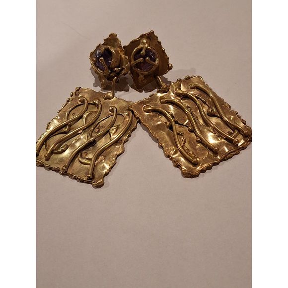 Brutalist Designer Handmade Clip On Earrings Brass and Raw Amethyst Ernandes - Picture 3 of 16